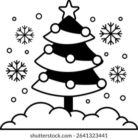 black and white illustration of a Christmas tree with snow
