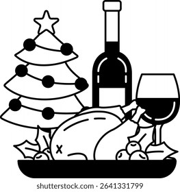 black and white illustration of The Christmas tree is surrounded by a bottle of wine and a plate of roast turkey