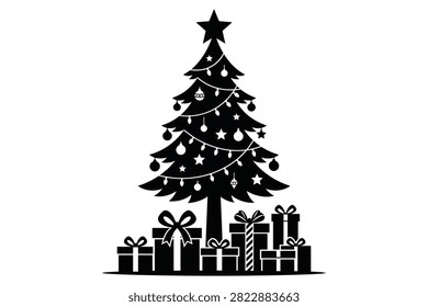 Black and white illustration of Christmas tree adorned with baubles stars and wrapped presents underneath