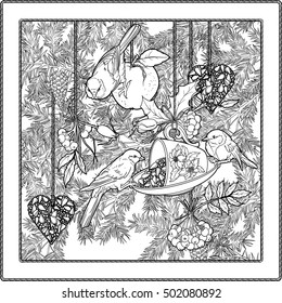 Black and white illustration of christmas tree, decorations and birds. Coloring page.