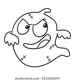 Ilustración en blanco y negro de un fantasma gordito volando con una sonrisa traviesa, Clipart, página para colorear