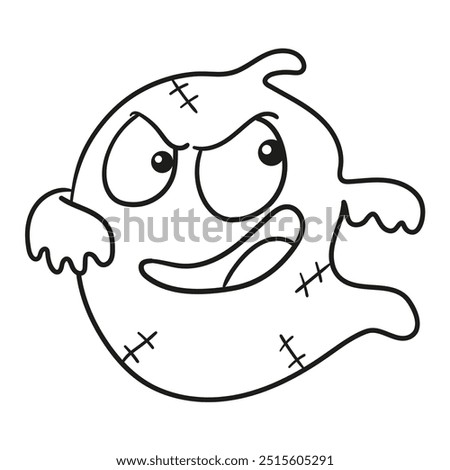 Black and white illustration of a chubby ghost flying with a mischievous smile, clipart, coloring page