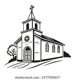 Black and White Illustration of Church