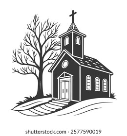 Black and White Illustration of Church