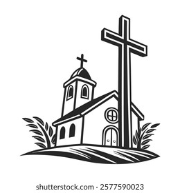 Black and White Illustration of Church