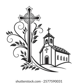 Black and White Illustration of Church