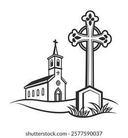 Black and White Illustration of Church