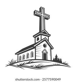 Black and White Illustration of Church