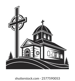 Black and White Illustration of Church