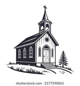 Black and White Illustration of Church