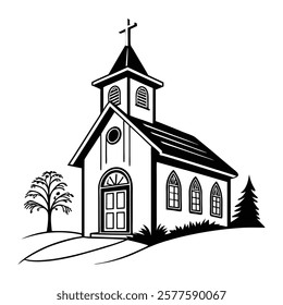 Black and White Illustration of Church