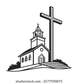 Black and White Illustration of Church