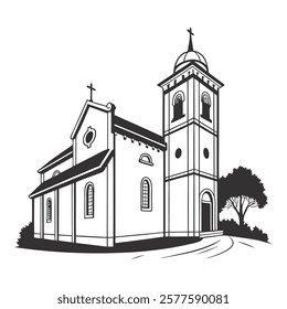 Black and White Illustration of Church