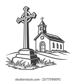 Black and White Illustration of Church