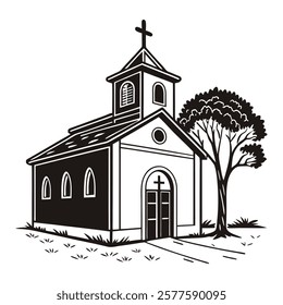 Black and White Illustration of Church