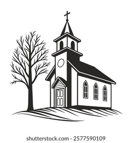 Black and White Illustration of Church