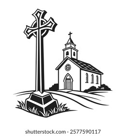 Black and White Illustration of Church