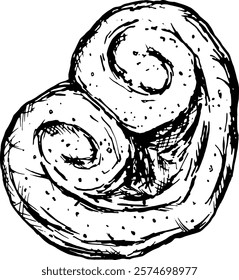 Black and white illustration of a cinnamon roll in a heart shape, drawn in a sketch style. Ideal for bakery branding, Valentine s Day, confectionery menus, or holiday-themed decorations