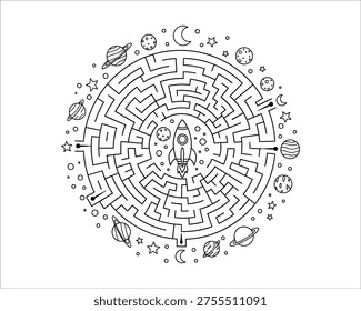 A black and white illustration of a circular maze with a rocket ship in the center, surrounded by planets, stars, and moons.