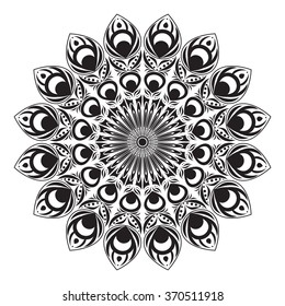 Black and white illustration of circular pattern or mandala. Isolated background. Used elements from feather of peacock