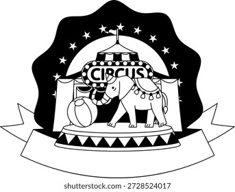 Ilustración en blanco y negro de UN logotipo de circo con un elefante y una tienda de circo