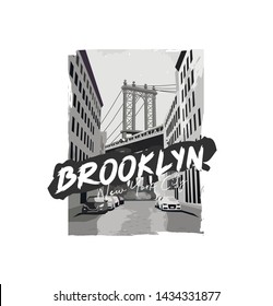 Black and white illustration of city of Brooklyn for t-shirt print and design.