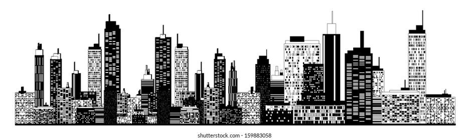 A black and white illustration of city skyline.