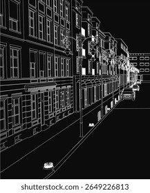 A black and white illustration of a city street at night features tall buildings, glowing streetlights, and moving vehicles. The dark background creates a mysterious and atmospheric urban scene.