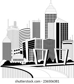 Black and white illustration of a cityscape