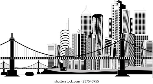 Black and white illustration of a cityscape