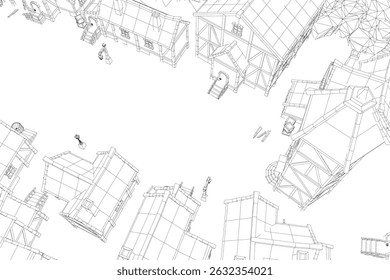 Uma ilustração em preto e branco de uma paisagem urbana com muitos edifícios. Os edifícios são de todos os tamanhos e formas diferentes