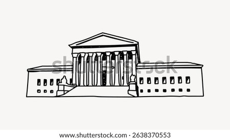 Black and white illustration of a classical building with columns and steps, resembling a courthouse or government building, emphasizing architectural design. Line art illustration vector.