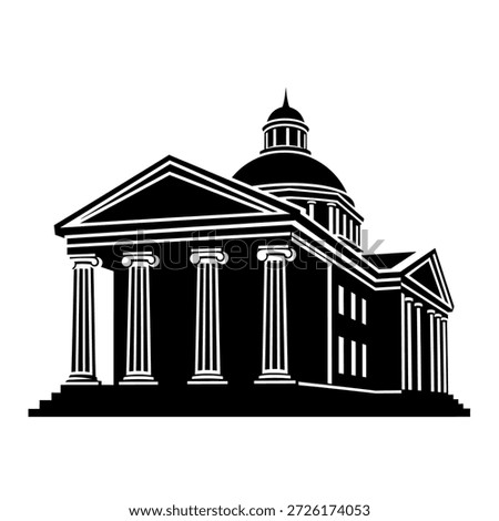 A black and white illustration of a classical building featuring a prominent dome and stately columns, representing government or education.
