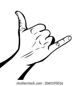 Black and white illustration. Clip art illustration. Black line. Phone gesture. Finger gesture. Finger sign. Body part. Human hands.