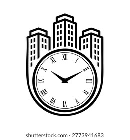 Black and white illustration of clock and city skyline urban time concept
