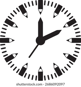 Una ilustración en blanco y negro de una esfera de reloj donde cada hora está marcada por un lápiz. Las agujas del reloj indican aproximadamente 1:45.
