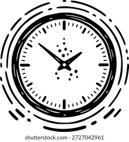 Ilustração em preto e branco de um relógio com as mãos às 11:10, rodeado por linhas de movimento circulares.