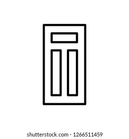 Black & white illustration of closed wooden panel door. Vector line icon. Isolated object on white background