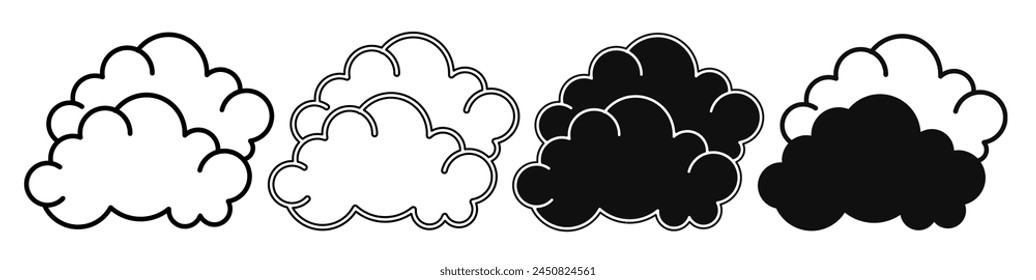 Ilustración en blanco y negro de una nube. Colección de iconos de nube con línea. Ilustración vectorial estándar.