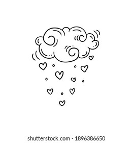 Black and white illustration of cloud with rain of hearts in doodle style