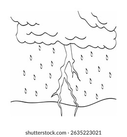 Black and white illustration of a cloudy sky with heavy rainfall and lightning strike