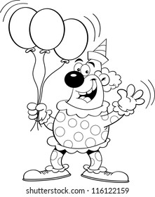 Black and white illustration of a clown holding balloons