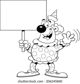 Black and white illustration of a clown holding a sign.