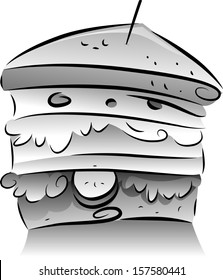 Black and White Illustration of a Clubhouse Sandwich with Fillings Sticking Out