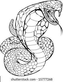 Black and white illustration of a cobra snake preparing to strike