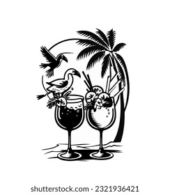 Black and white illustration of cocktails on the background of a palm tree with birds. Vector illustration