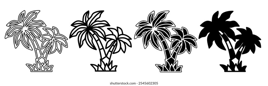 Black and white illustration of a coconut palm. Coconut palm icon collection with line. Stock vector illustration.