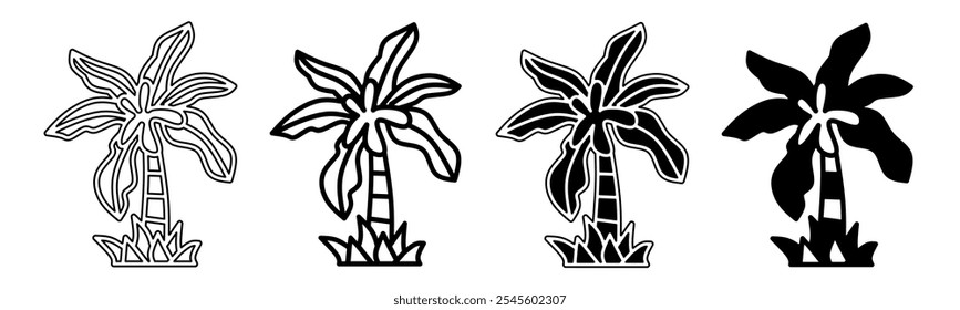 Black and white illustration of a coconut palm. Coconut palm icon collection with line. Stock vector illustration.