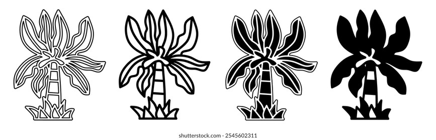 Black and white illustration of a coconut palm. Coconut palm icon collection with line. Stock vector illustration.