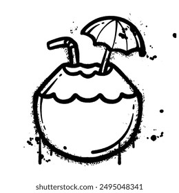 A black and white illustration of a coconut with an umbrella and straw, created with spray paint and ink splatter effects.